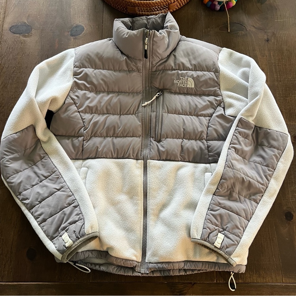 The North Face Denali Down Feather Fleece Full Zip White Grey Gray Jacket Small